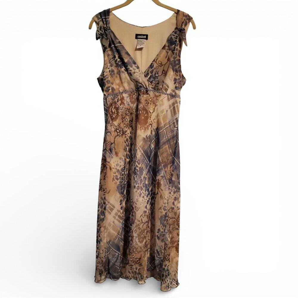 Vintage 90s Y2K Sleeveless V Neck Midi Dress Brown Blue Abstract Pattern